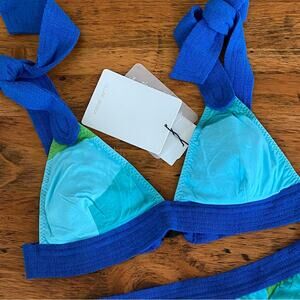 New $158 Anthro Clube Bossa Loretta Bikini Top Blue Green sz Sm Brazilian